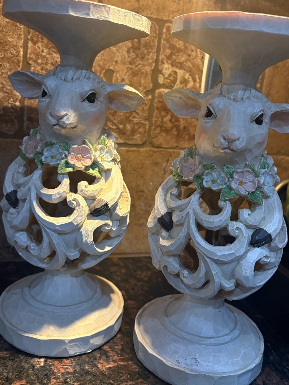 :Valerie Parr Hill Carved Faux Wood Easter Lamb Pedestal Candle Holders - Set of